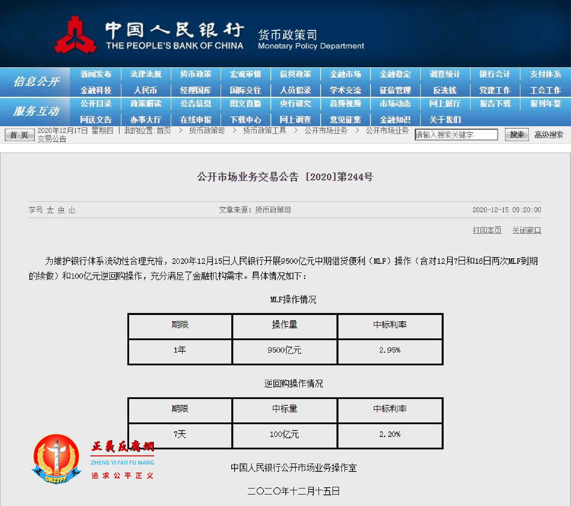 信用债风波不断，央行开展投放9,500亿元MLF操作。，公开市场业务交易公告 [2020]第244号.jpg