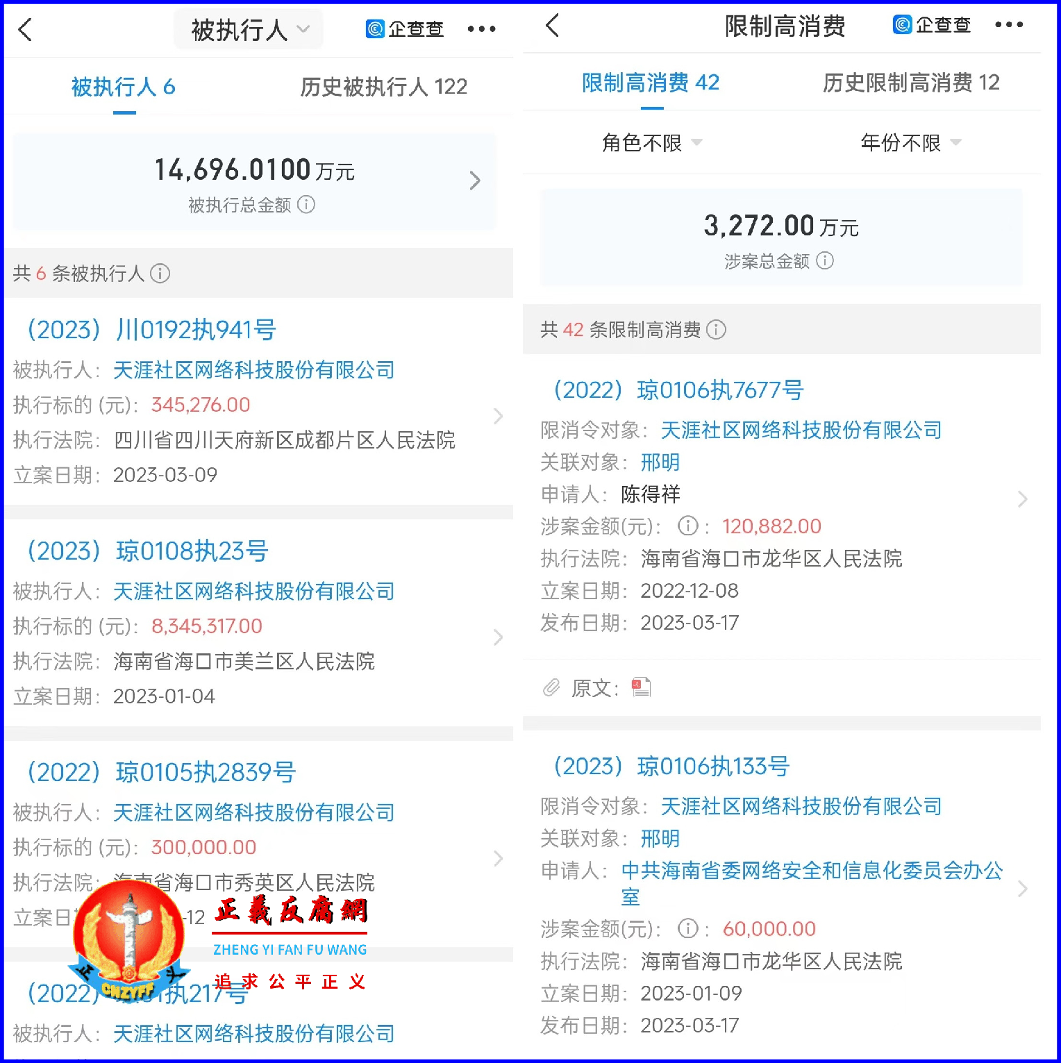 天涯社区网络科技股份有限公司被法院累计执行标额的超1.46多亿元.png