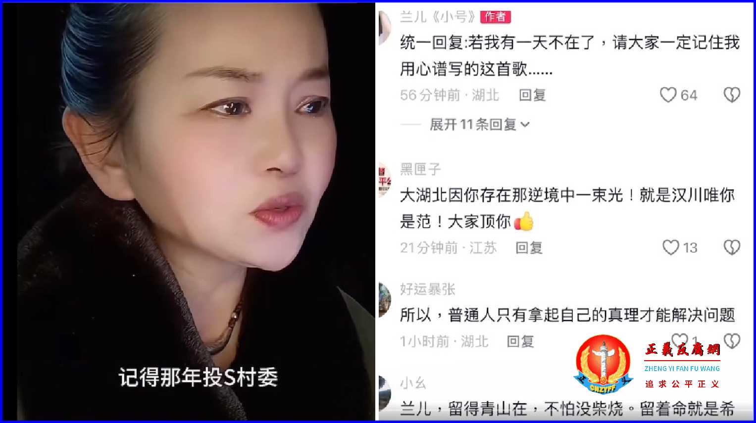 （左图）湖北女子刘凤兰在抖音社交平台上的自述自己被村书记王某强行送去精神病院的175个日日夜夜经过。（右图）网友留言。.jpg